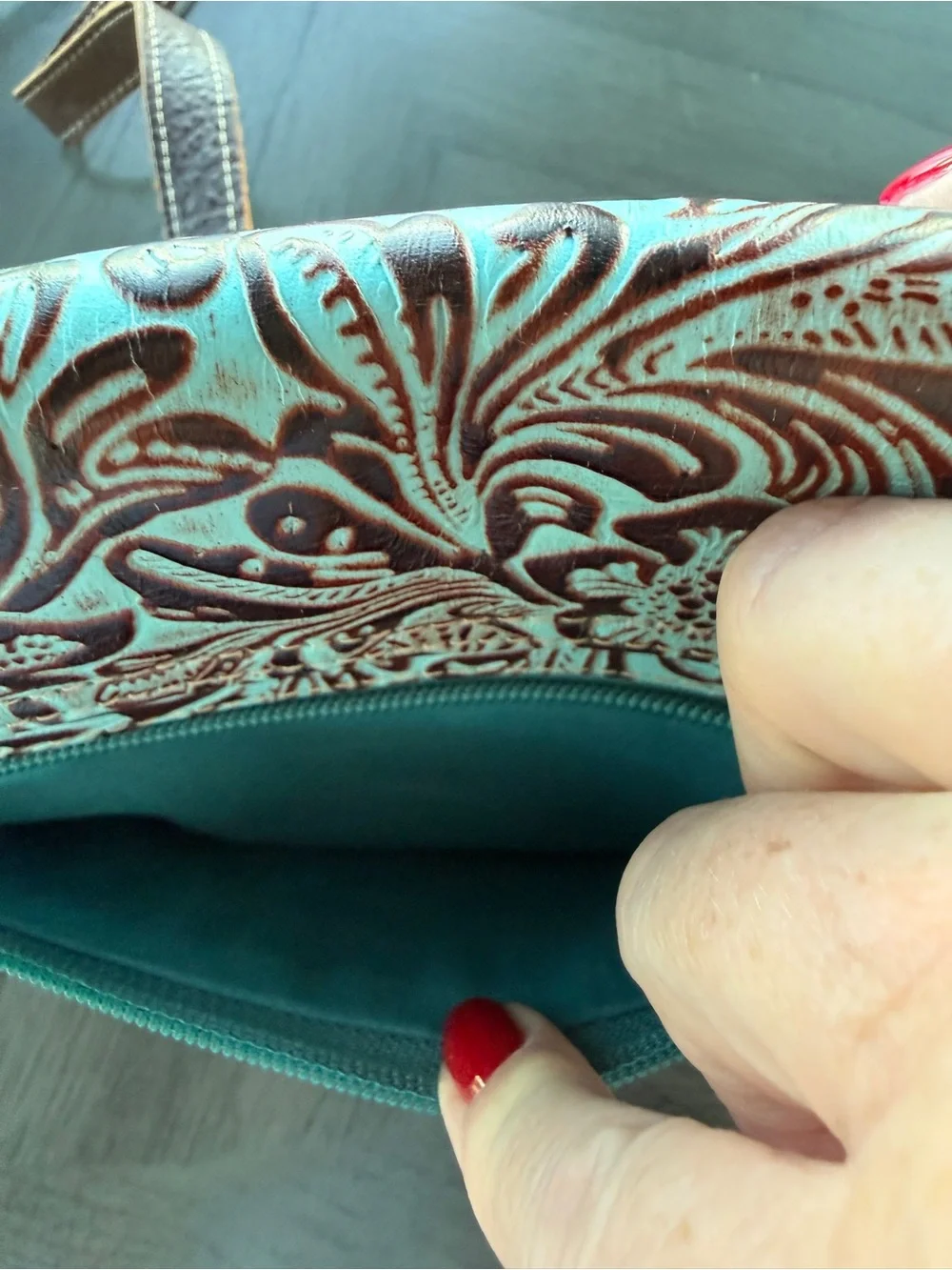 Tooled Leather Crossbody Bag in Turquoise and Brown Floral